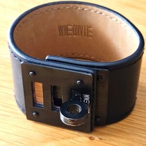 So Black Leather Cuff Bracelet with Black Metal Edgy Goth Retro Punk Chic
